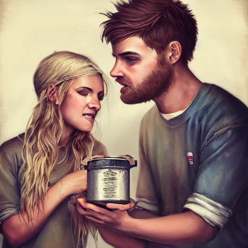 Image similar to a highly detailed portrait of a young couple from the side, holding a tin can, remote icelandic village, summer, jeans and t shirt, blonde hair, muted colors, joy, by tom bagshaw, trending on artstation,