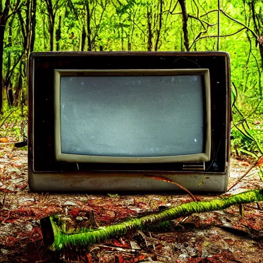 Prompt: a 1970's television abandoned in a forest, overgrown with vines, 4k, realistic