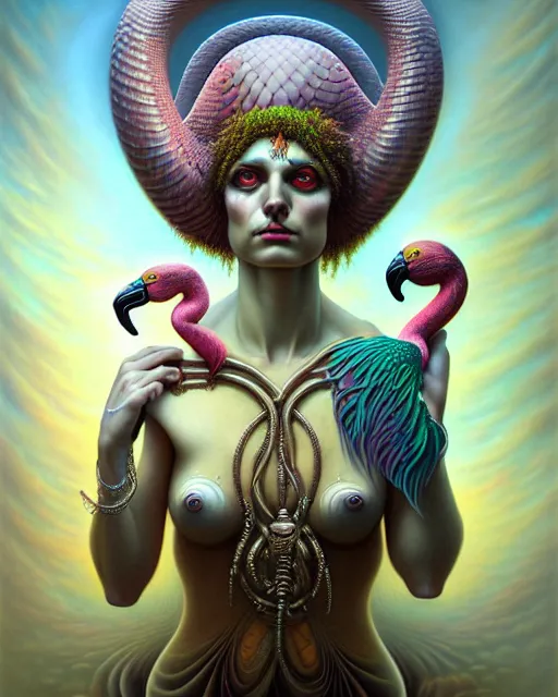 Image similar to a detailed portrait of dreampunk flamingo python hybrid mix goddess by tomasz alen kopera and peter mohrbacher