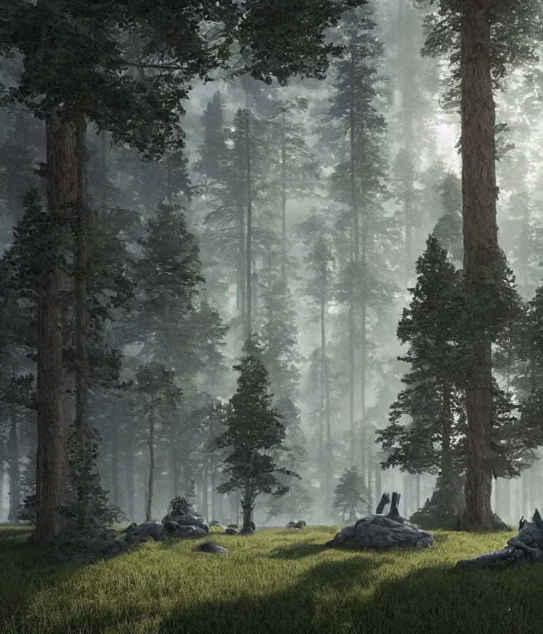 Prompt: a beautiful hyperrealistic detailed 3 d render colossal grey forest creatures guarding a wall of infinite pine trees, by anton otto fischer, atey ghailan, by goya, unreal engine, octane render, epic, 3 d, intricate, ultra wide, artstation, volumetric lighting, hdr, polished, micro details, ray tracing, 8 k