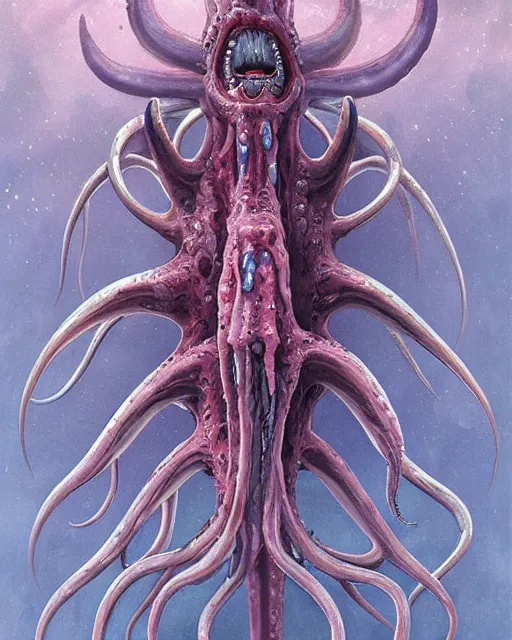 Image similar to Haunting horrifying detailed painting of a tall skinny extraterrestrial squid monster made of gelatinous fluid, floating teeth and purple eyeballs, hyper detailed, trending on Artstation