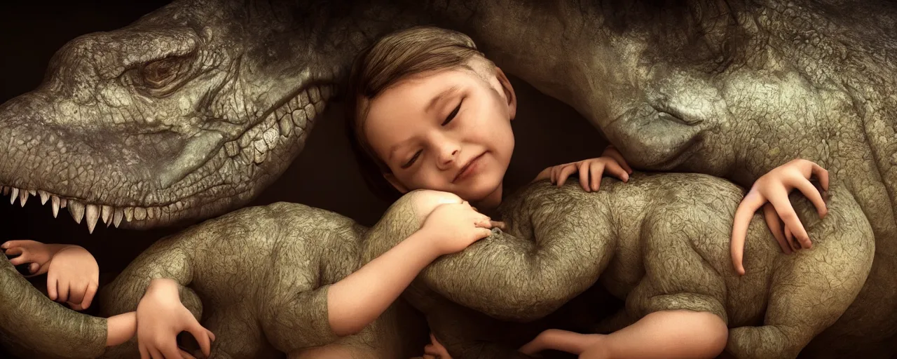 Image similar to portrait of a little girl cuddling with her beloved tyrannosaurus, very high detail, raytracing, back light, digital art, raymarching, by zdenek burian h 7 6 8