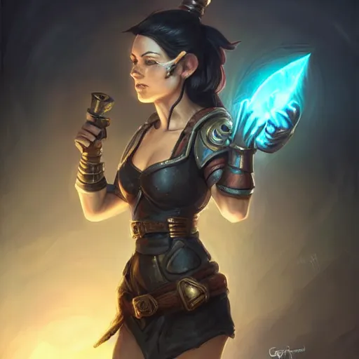 Prompt: beautiful muscular female gnome engineer artificer, metal gauntlet, short black hair, naval landscape, full body portrait, d & d, fantasy, intricate, elegant, highly detailed, digital painting, artstation, centred, rule of thirds, concept art, matte, sharp focus, illustration, cover by artgerm, art by greg rutkowski