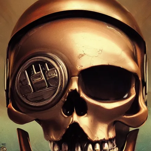 Image similar to a portrait of an anthropomorphic vintage skull in a racing helmet by sandra chevrier, detailed render, epic composition, cybernetics, 4 k realistic, cryengine, realistic shaded lighting, sharp focus, masterpiece, by matteo scalera, gary montalbano, peter elson in the style of the tokyo ghost comic