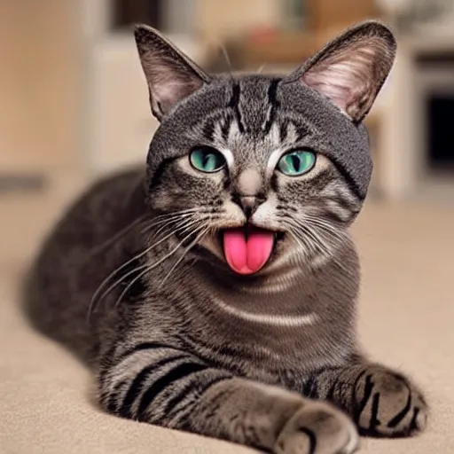 Prompt: cute cat photo licking tongue sticking out, wearing wool hat, cat ears