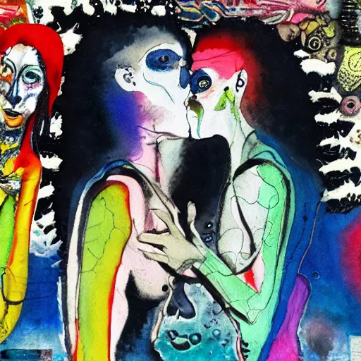 Image similar to watercolor painting of two bizarre psychedelic goth women kissing each other closeup in a aquarium in japan, speculative evolution, mixed media collage by basquiat and jackson pollock, maximalist magazine collage art, sapphic art, lesbian art, chemically damaged