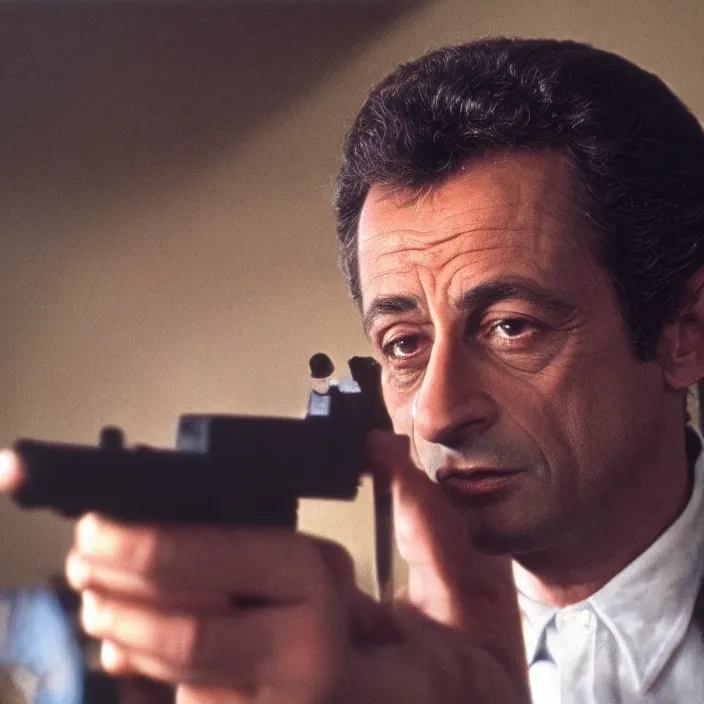 Prompt: very detailed 70s movie still of Nicolas Sarkozy with a glock, by Steve McCurry, cinestill 800t 10mm 4k, grainy picture