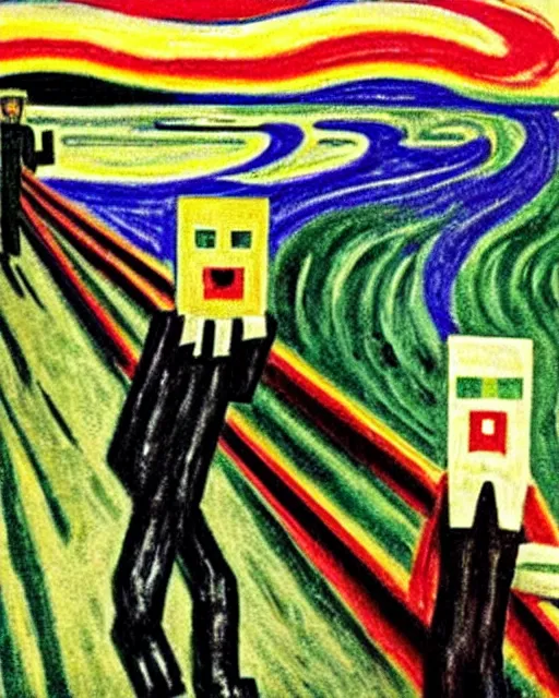 Prompt: minecraft creeper as the subject in the scream by edvard munch