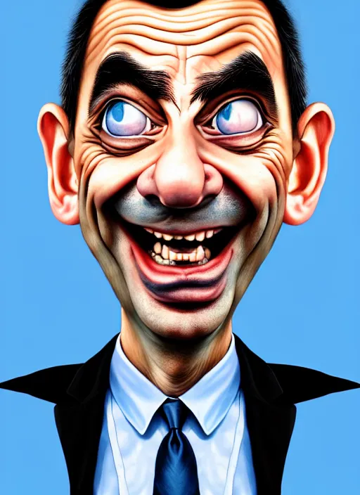 Image similar to highly detailed caricature portrait of mr bean by ross tran, by anato finnstark, brush strokes, 4 k resolution, light blue pastel background