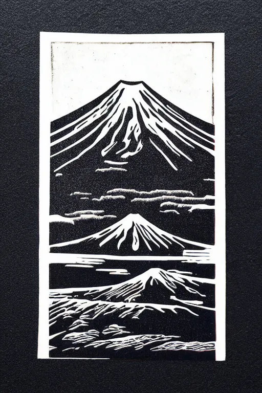 Image similar to a beautiful linocut print of mount fuji, 8 k, frostbite 3 engine, cryengine, dof, trending on artstation, digital art, crepuscular ray, art by roy l davies and tugboat printshop