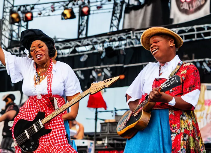 Image similar to photo still of aunt jemima in period attire at vans warped tour!!!!!!!! at age 4 0 years old 4 0 years of age!!!!!!! on stage throwing pancakes to the crowd, 8 k, 8 5 mm f 1. 8, studio lighting, rim light, right side key light