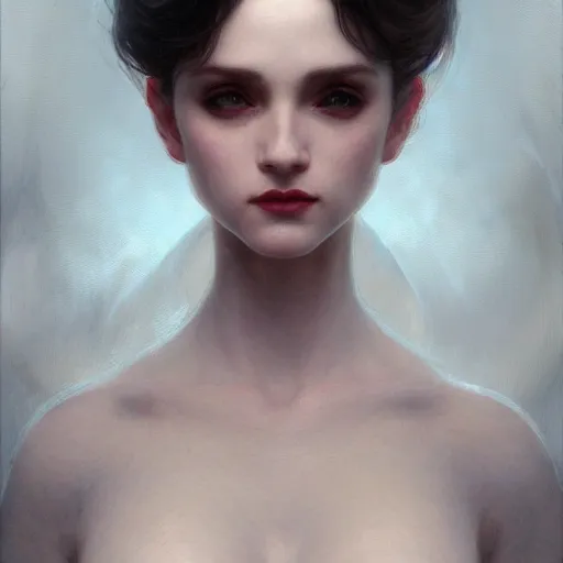Prompt: Portrait of beautiful pale goth girl, cinematic lighting, intricate, elegant, highly detailed, digital painting, artstation, smooth, sharp focus, illustration, art by artgerm and greg rutkowski and alphonse mucha and Wayne Barlowe and william-adolphe bouguereau