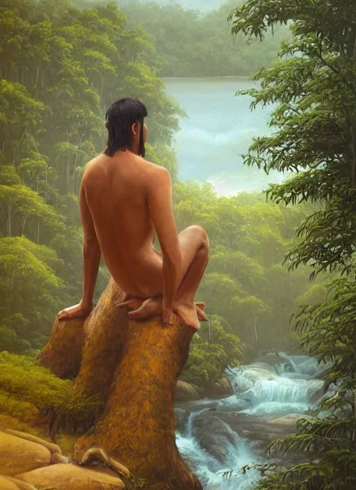 Image similar to a realistic painting of an indigenous man relaxing near a river in the amazon jungle, gazing at the water, highly detailed, art by christophe vacher