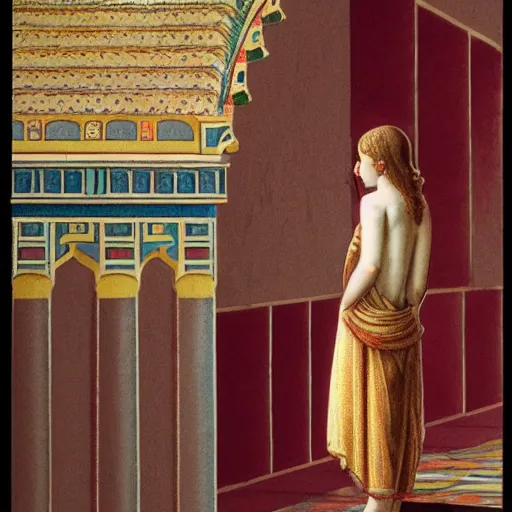 Image similar to a girl lost in a temple, film still by wes anderson, depicted by leon battista alberti, limited color palette, very intricate, art nouveau, highly detailed, lights by hopper, soft pastel colors, minimalist