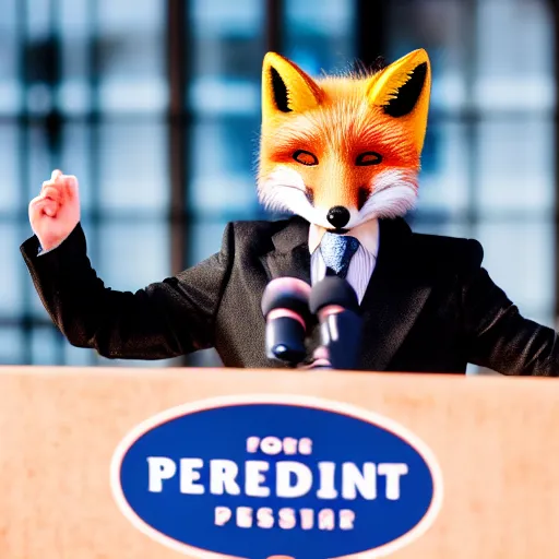 Image similar to a fox animal dressed in a suit giving a presidential speech, 8 5 mm f / 1. 4