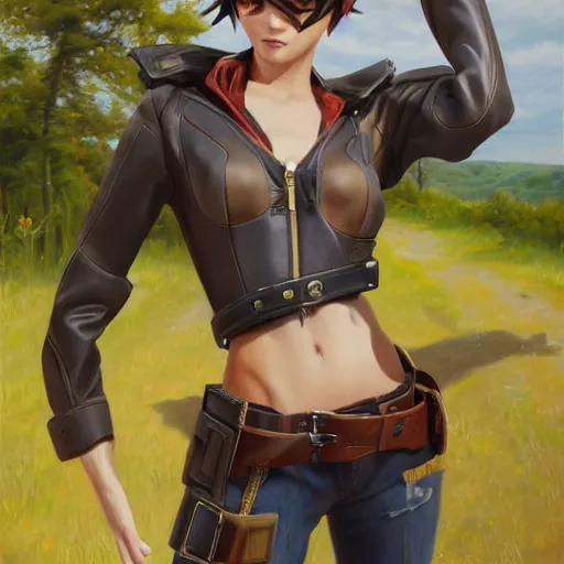 Image similar to oil painting of tracer overwatch in a field wearing large leather belt choker around neck, in style of mark arian, expressive face, detailed face, detailed eyes, full body, feminine face, tracer overwatch,