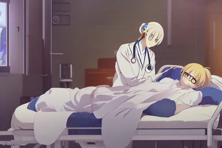 Prompt: a cute and beautiful young female doctor wearing white coat are taking care of a patient on a bed in a hospital ward, slice of life anime, anime scenery by Makoto shinkai