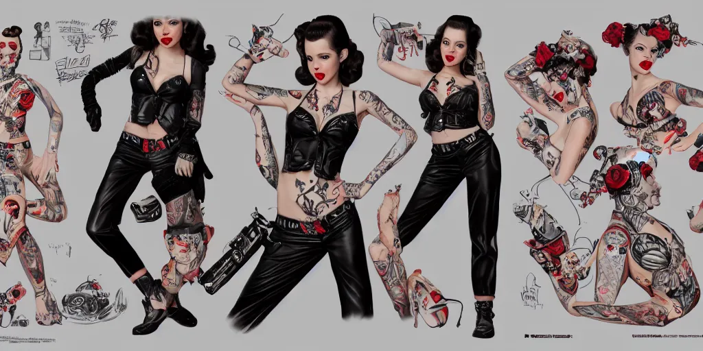 Image similar to halston sage as a tattooed rockabilly pinup, character sheet, concept design, contrast, hot toys, kim jung gi, greg rutkowski, zabrocki, karlkka, jayison devadas, trending on artstation, 8 k, ultra wide angle, pincushion lens effect