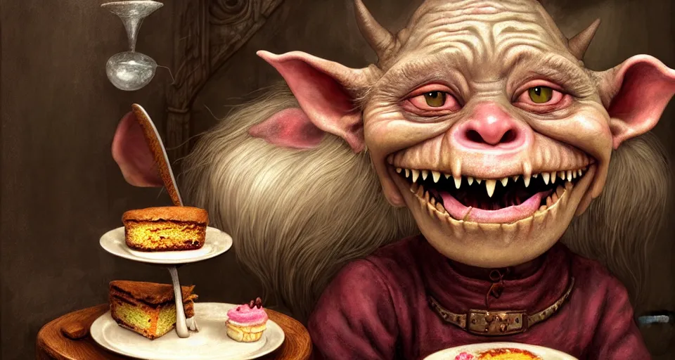 Image similar to closeup profile portrait of a medieval goblin eating cakes in the castle kitchen, nicoletta ceccoli, mark ryden, lostfish, max fleischer, hyper realistic, artstation, illustration, digital paint, matte paint, vivid colors, bright, cheerful, detailed and intricate environment