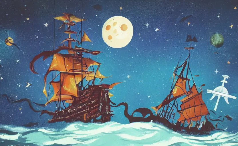 Image similar to pirate ship in space, storybook, gouache, flat, concept art, lush