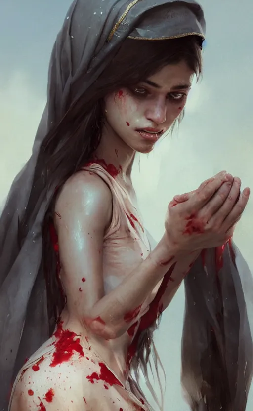 Image similar to The most beautiful arabian girl in the world crying blood ,digital art,ultra realistic,ultra detailed, ultra wide Lens, art by greg rutkowski