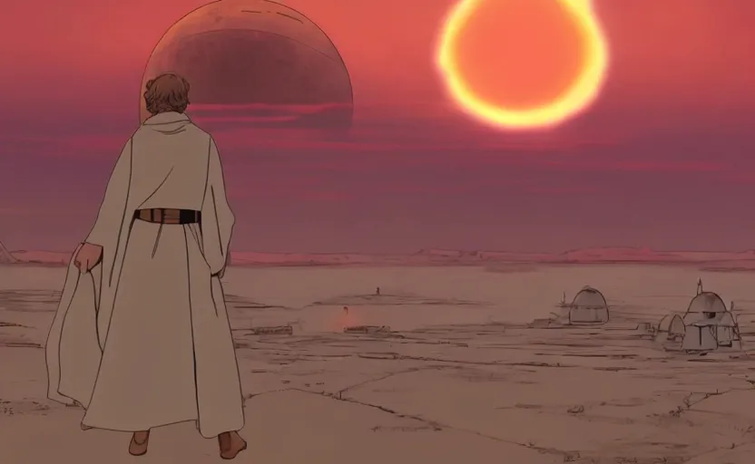 Prompt: luke skywalker looking at tatooine two suns sunset by ghibli