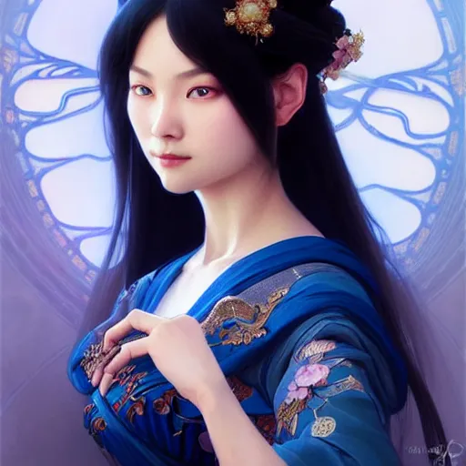 Image similar to ‘elegant Chinese princess, D&D, blue eyes, black hair, fantasy, intricate, elegant, highly detailed, digital painting, artstation, concept art, smooth, sharp focus, illustration, art by artgerm and greg rutkowski and alphonse mucha’