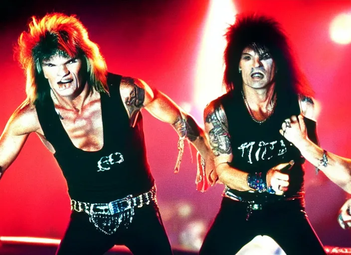 Image similar to publicity photo still of patrick swayze in motley crue live on stage, 8 k, live concert lighting, mid shot