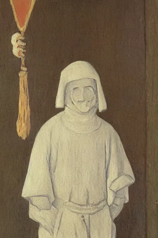 Image similar to a painting of a man in a white outfit, a character portrait by jean fouquet, reddit, synthetism, woodcut, grotesque, tarot card