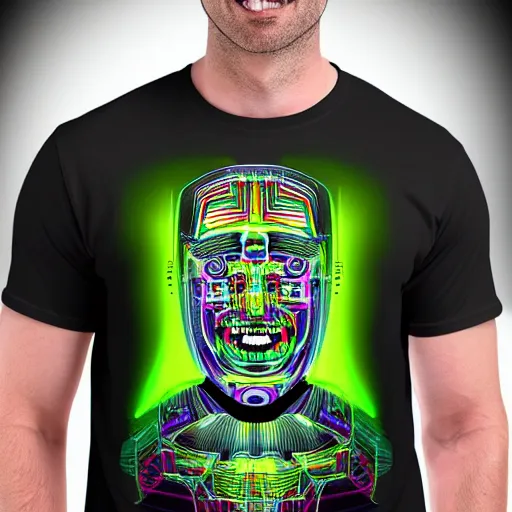 Image similar to tshirt with a hyperdetailed portrait of a futuristic trippy smiling robot head, 8 k, symetrical, flourescent colors, halluzinogenic, multicolored tshirt art,