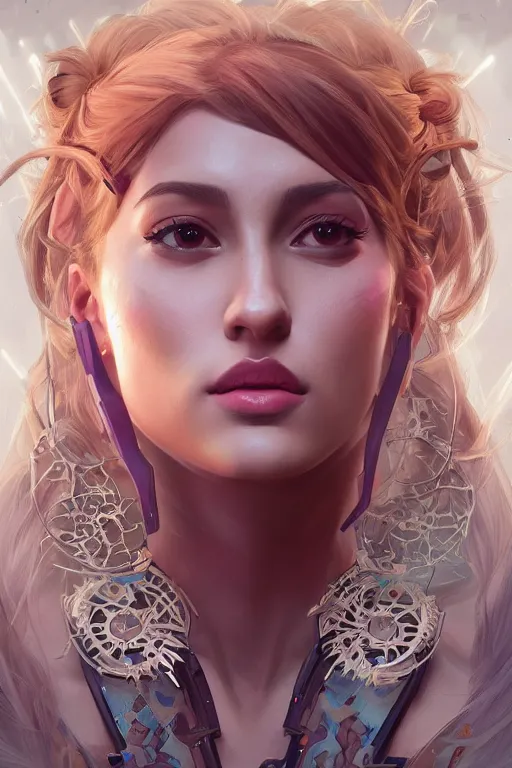 Image similar to symmetry!! portrait of arianna grande in the style of horizon zero dawn, machine face, intricate, elegant, highly detailed, digital painting, artstation, concept art, smooth, sharp focus, illustration, art by artgerm and greg rutkowski and alphonse mucha, 8 k