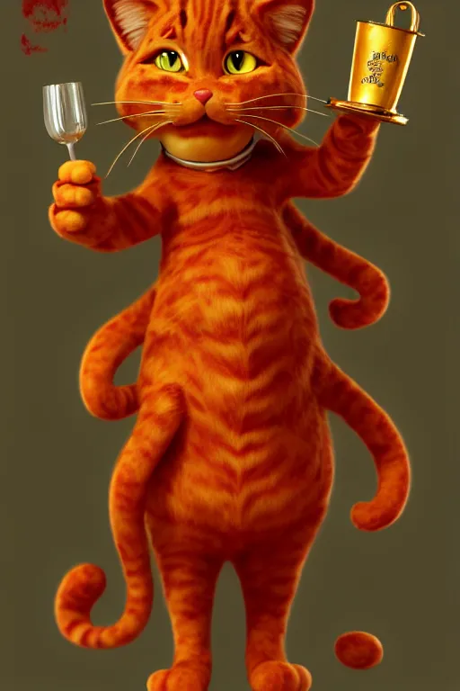 Image similar to fullbody!! personification of garfield the cat garfield god holding a blood chalice, stunning, garfield cat face, hyperrealistic, trending on artstation, smooth and sharp, intricate, highly detailed, elegant, professional character concept art by tatyana kupriyanova