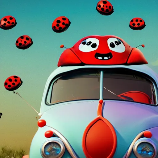 Image similar to a hybrid giant lady bug and'herbie the love bug'car, digital art, imax, 7 0 mm, movie still