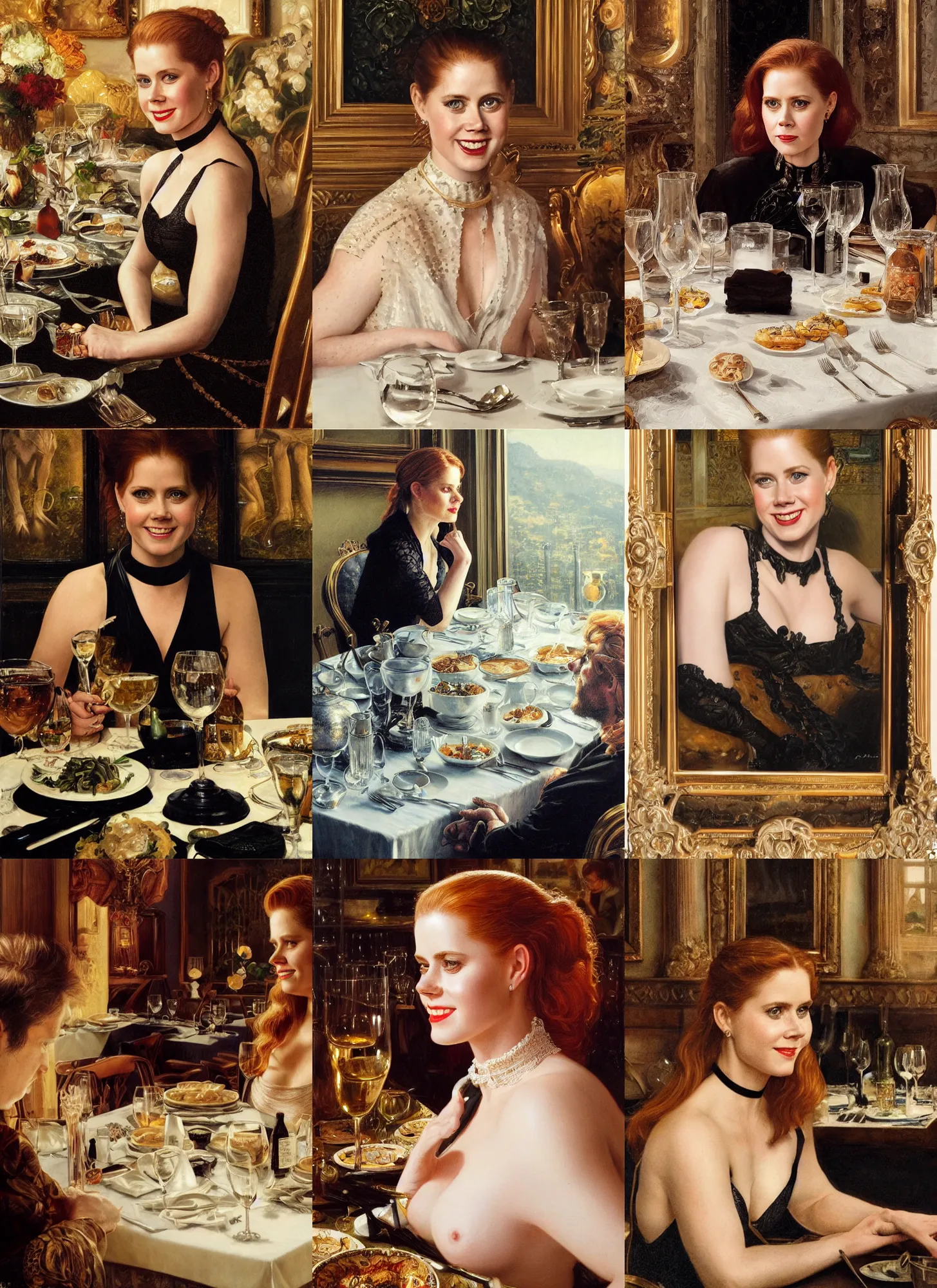 Prompt: dinner with amy adams smiling sitting across the camera wearing a black choker staring into the camera in an expensive private restaurant, 1 9 8 0, intricate, elegant, tasteful, highly detailed, shallow depth of field, artgerm, donato giancola, joseph christian leyendecker