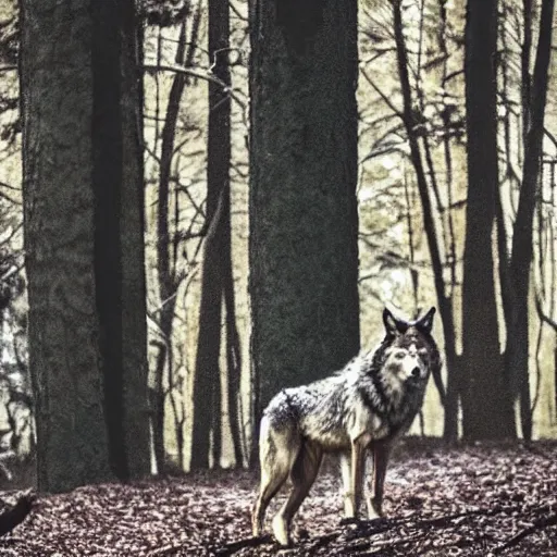 Prompt: a wolf standing alone in the woods