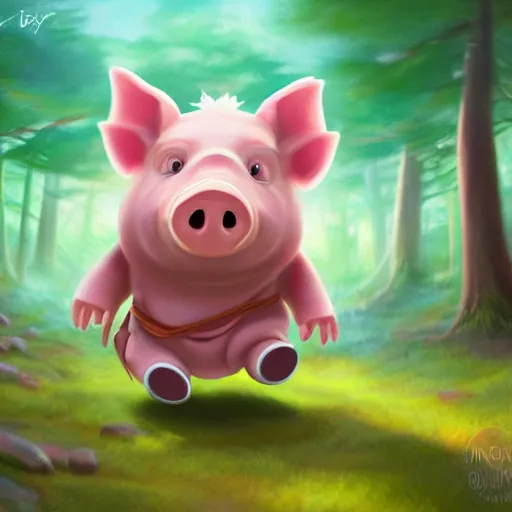 Prompt: fearful cartoonish cute anthropomorphic pig running, in a mystical forest full of wonders, pine trees, magical atmosphere, trending on artstation, 30mm, by Noah Bradley trending on ArtStation, deviantart, high detail, stylized portrait