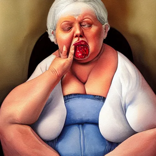 Prompt: of a very funny oil painting of a sweet fat old woman kissing herself. symmetrical face, red mouth, blue eyes. a flowered dress. a hyper - realistic scene. 3 d, octane processing, deep focus, white scene. a very funny and sweet picture. unreal engine. watercolor. fellini cinematic style. poster quality. freud painting style.