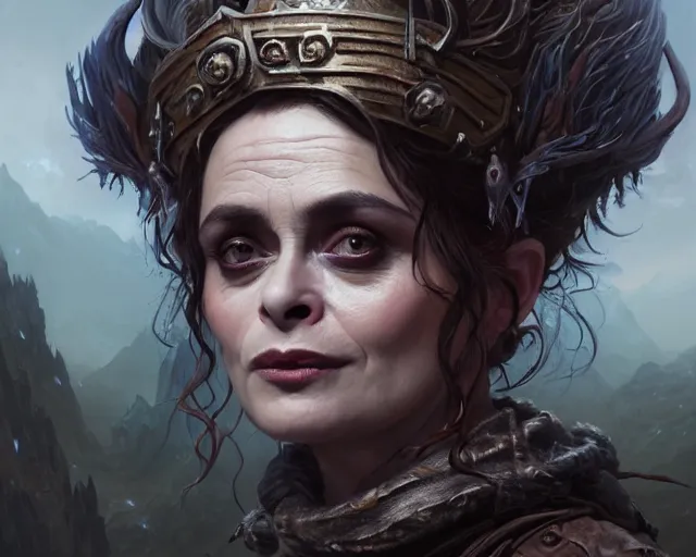 Image similar to highly detailed portrait of helena bonham carter as a fantasy goblin, in skyrim, stephen bliss, unreal engine, fantasy art by greg rutkowski, loish, rhads, ferdinand knab, makoto shinkai and lois van baarle, ilya kuvshinov, rossdraws, tom bagshaw, global illumination, radiant light, detailed and intricate environment