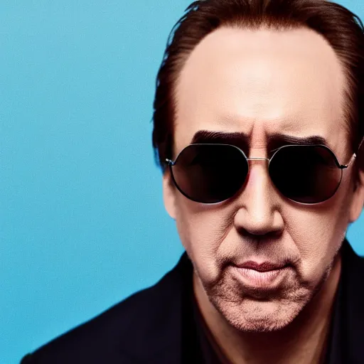 Prompt: portrait of nicholas cage with sunglasses and arms crossed, solid colour background, 4 k image