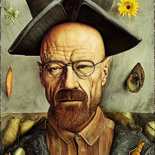 Image similar to giuseppe arcimboldo, walter white, new scifi movie, film still, seeds, legumes