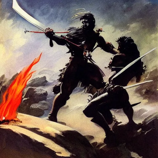 Image similar to a sword where the blade is a fire tornado, painting by frank frazetta, highly detailed, high quality, 8 k, soft lighting, realistic face, path traced