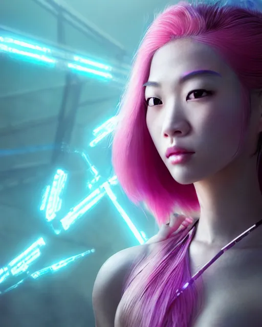 Image similar to portrait of a beautiful asian woman with pink hair as a cyberpunk cyborg half robot, sci - fi, missing panels, intricate abstract upper body intricate artwork, concept art, octane render, deviantart, cinematic, key art, hyperrealism, iridescent accents, portrait photograph, nikon 3 5 mm, photograph by greg rutkowski