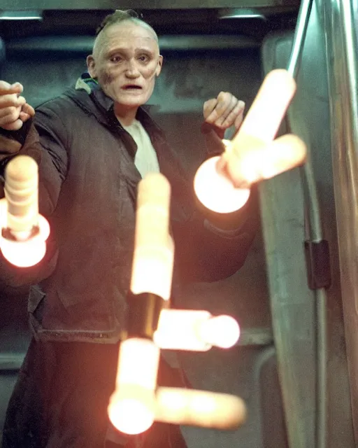 Image similar to movie villain, actor david patrick kelly, 2 5 years old, practicing with his glowing nunchucks while riding a post apocalyptic subway train filled with mutants, movie dreamscape