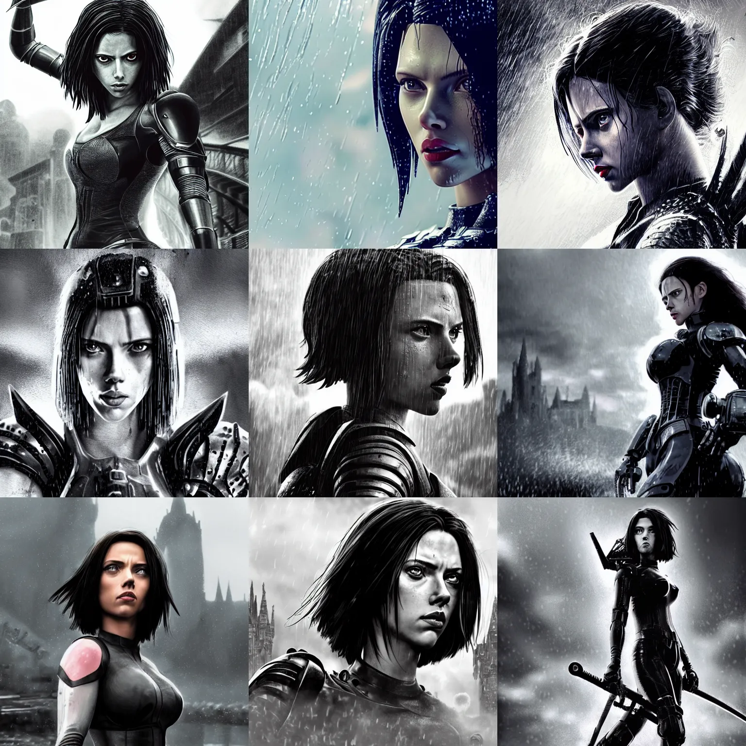 Prompt: we faced angry scarlett johansson, wearing rain soaked armour in the pouring rain, incredibly fine detailed portrait, battle angel alita, black and white, dynamic angle, pencil and ink manga, elegant, full body profile, highly detailed, dramatic lighting, depths of field effect, vfx, 3 d octane render, gothic castle in background