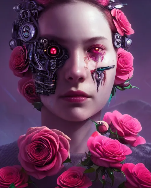 Image similar to portrait of a female face with roses instead of eyes, cyberpunk cyborg. roses, sci - fi, intricate abstract upper body intricate artwork, by tooth wu, wlop, beeple, dan mumford. concept art, octane render, deviantart, greg rutkowski, cinematic arthouse, key art, hyper realism, iridescent accents