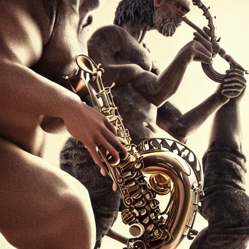 Image similar to anglo saxons playing saxophones sacking sacremento, trending on artstation, dramatic lighting, octane render, weta digital, micro details, 3 d sculpture, structure, ray trace, insane details, intricate, elite, ornate,