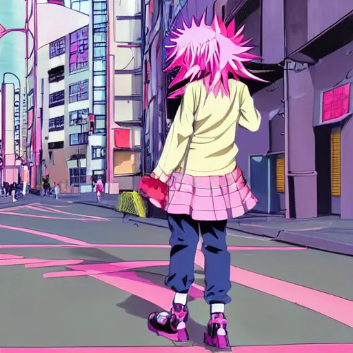 Prompt: anime girl with eccentric clothes, long spiky pink hair, cel - shading, 2 0 0 1 anime, flcl, jet set radio future, night time, entertainment district, japanese city at night, colorful buildings, lines of lights, christmas lights, rollerskaters, cel - shaded, jsrf, strong shadows, vivid hues, y 2 k aesthetic