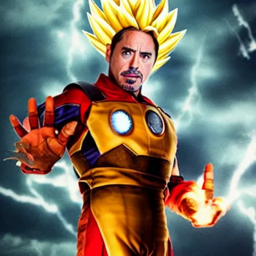 Prompt: robert downey jr. going super saiyan, cinematic, award winning professional photography