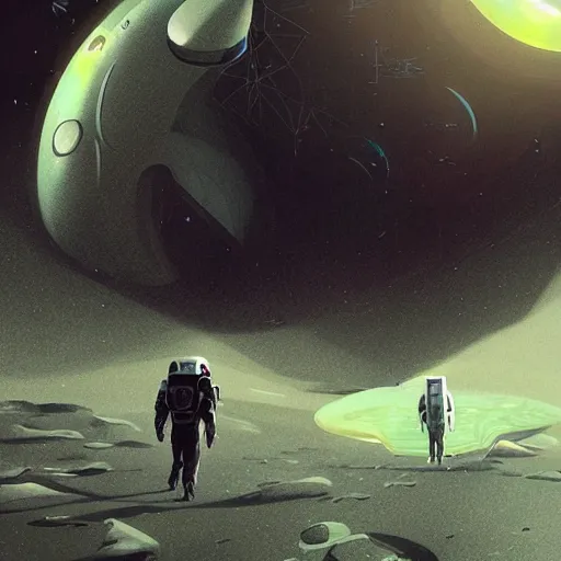 Image similar to a beautiful illustration of an futuristic astronaut with a futuristic white cybernetic spacesuit walking out of a black futuristic spaceship on the moon, by greg rutkowski, digital artwork, artstation, cgartists, conceptartworld, deviantart, magic the gathering artstyle, floating magical rocks, lush green meadow