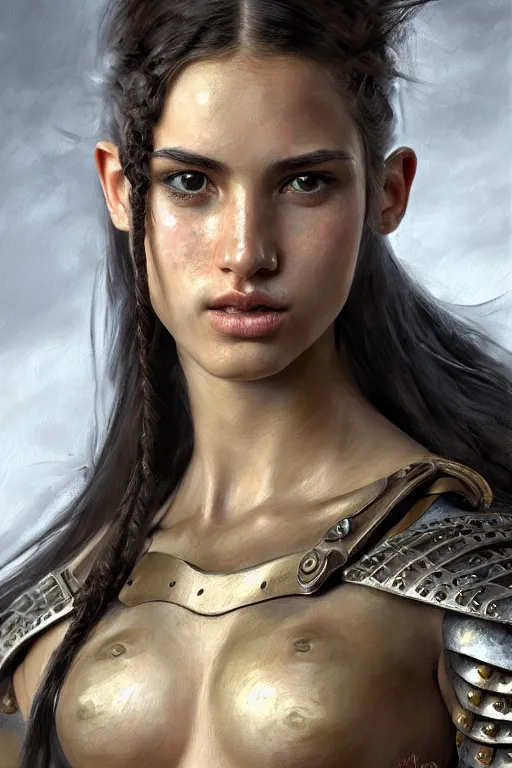 Image similar to a photorealistically painted portrait of an attractive young girl, partially clothed in military battle armor, with an abstractly painted background, flawless olive skin, fair complexion, long dark hair, beautiful bone structure, perfectly symmetric facial features, perfect photorealistic eyes, natural physique, intricate, elegant, digital painting, concept art, finely detailed, beautifully illustrated, sharp focus, minimal artifacts, volumetric lighting, from Halo, by Ruan Jia and Mandy Jurgens and Artgerm and William-Adolphe Bouguerea, in the style of Greg Rutkowski, trending on Artstation, award winning art